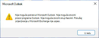 Poruka o grešci koja upućuje na to da nije moguće pokrenuti Outlook