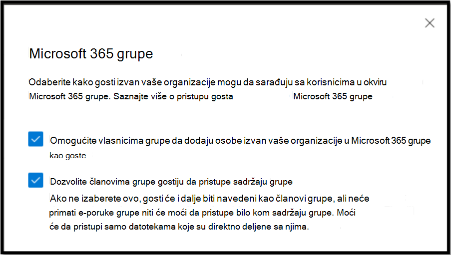 Odaberite kako gost izvan vaše organizacije može da sarađuje sa korisnicima u Microsoft 365 grupama