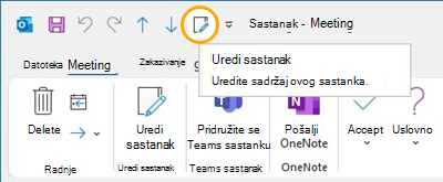 Edit meeting button Quick access toolbar in Outlook