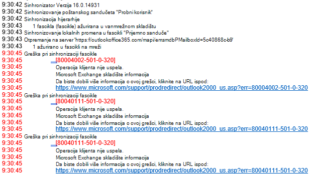 Lista grešaka u Outlook evidenciji