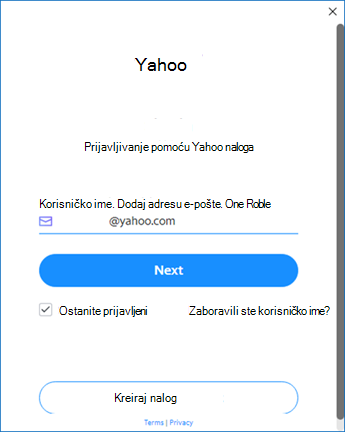 Prvi ekran za podešavanje usluge Yahoo Outlook
