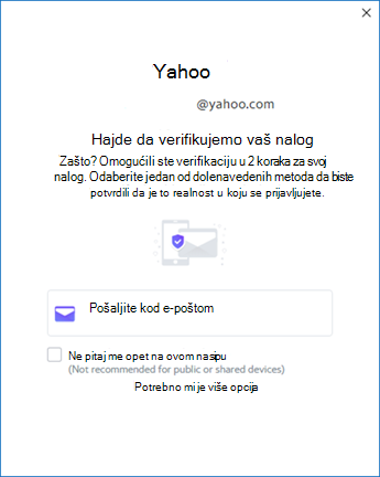 Treći ekran za podešavanje usluge Yahoo Outlook – verifikovanje naloga