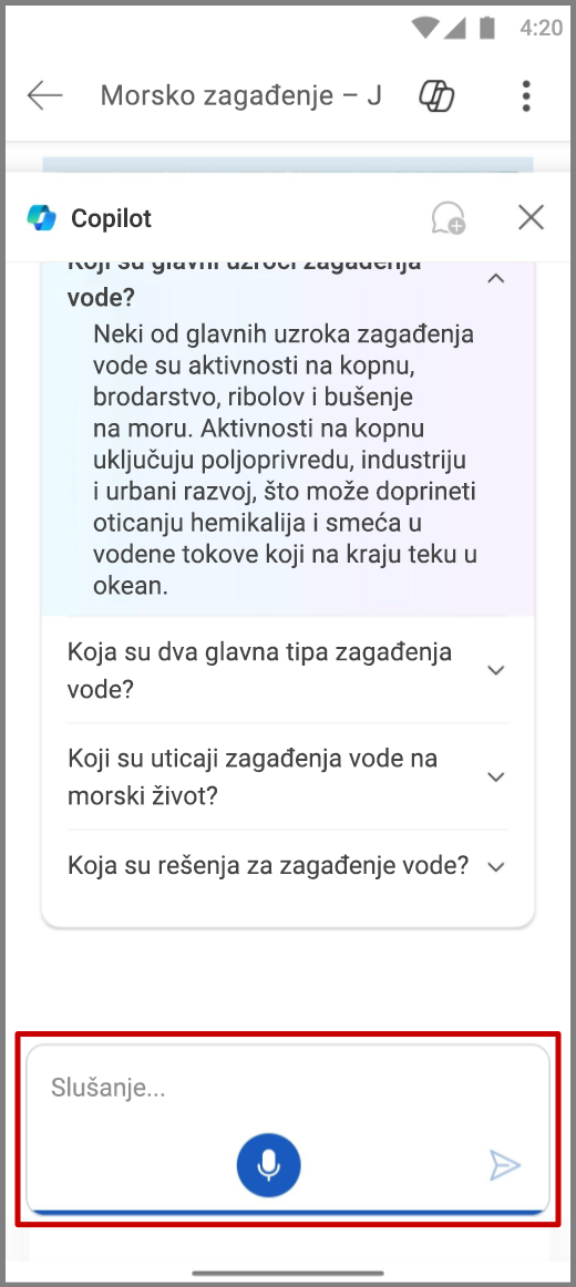 Snimak ekrana za funkciju Copilot u programu Word na Android uređaju pomoću glasovnog unosa u polju za sastavljanje