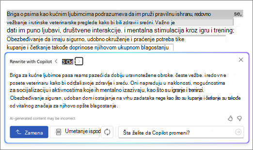 Snimak ekrana za Copilot u programu Word sa predlozima i opcijama za parafraziranje teksta