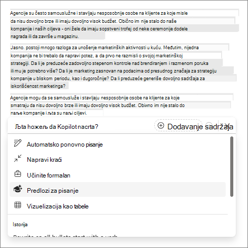 Opcija predloga za pisanje u funkciji Copilot u programu Word