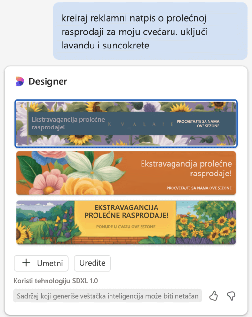 Prilagođeni reklamni natpis dizajniran u usluzi Copilot.