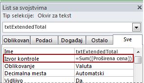 Izraz u svojstvu „Izvor kontrole“ okvira za tekst.