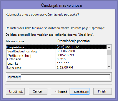 Čarobnjak maske unosa u Access bazi podataka na radnoj površini