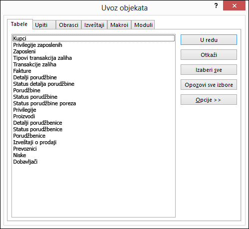 Izaberite objekte za uvoz u dijalogu „Uvoz objekata“
