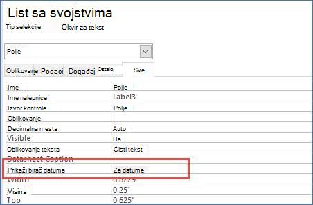 Prikaz svojstva birača datuma na listu sa svojstvima za obrazac
