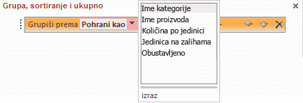 Lista polja u oknu „Grupisanje, sortiranje i ukupne vrednosti“