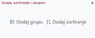 Okno „Grupisanje, sortiranje i ukupna vrednost“