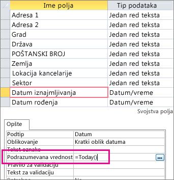 Podešavanje podrazumevane vrednosti polja Datum/vreme u Access tabeli.