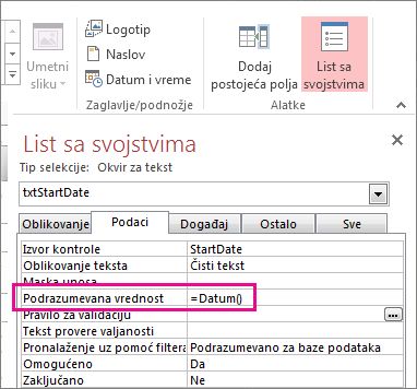 List sa svojstvima prikazuje svojstvo Podrazumevana vrednost podešeno na Date().