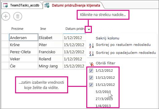 Filtriranje kolone u upitu u Access aplikaciji.
