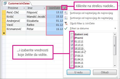 Filtriranje kolone upita u bazi podataka na radnoj površini.