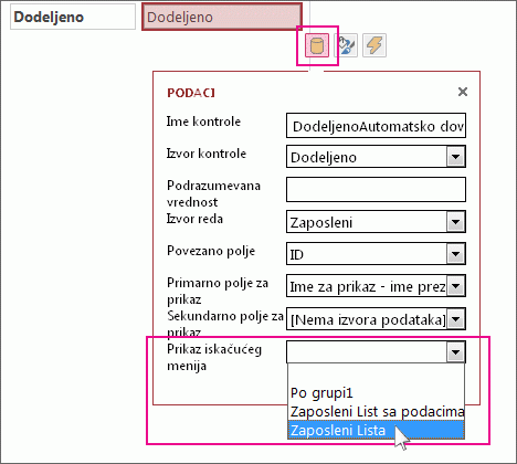 Izvor prikaza iskačućeg menija za kontrolu automatskog dovršavanja.