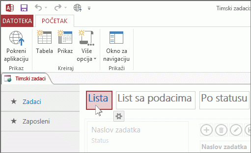 Izbor prikaza u programu Access.