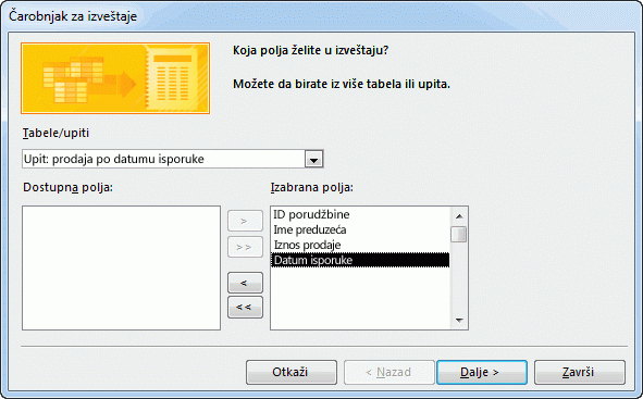 Izbor polja u čarobnjaku za izveštaje