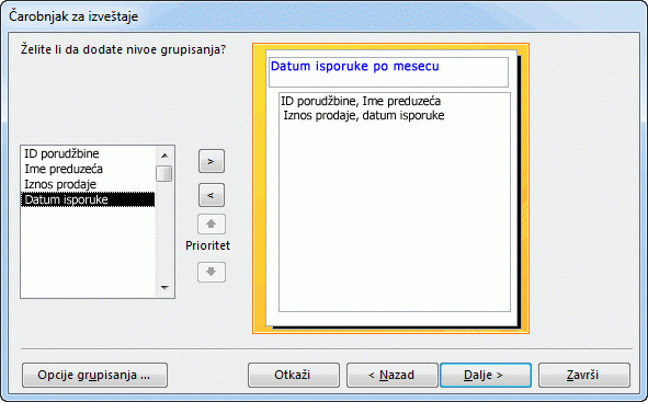 Dodavanje nivoa grupisanja u čarobnjak za izveštaje