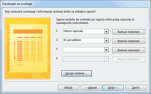 Sortiranje redosleda u čarobnjaku za izveštaje