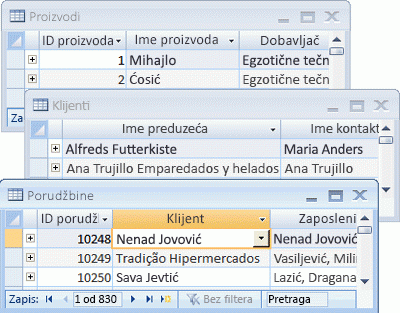 Na slici su prikazane tri tabele u listovima sa podacima