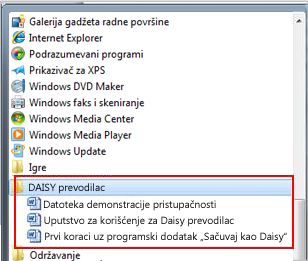 „Start“ meni koji prikazuje Daisy datoteke nakon instalacije