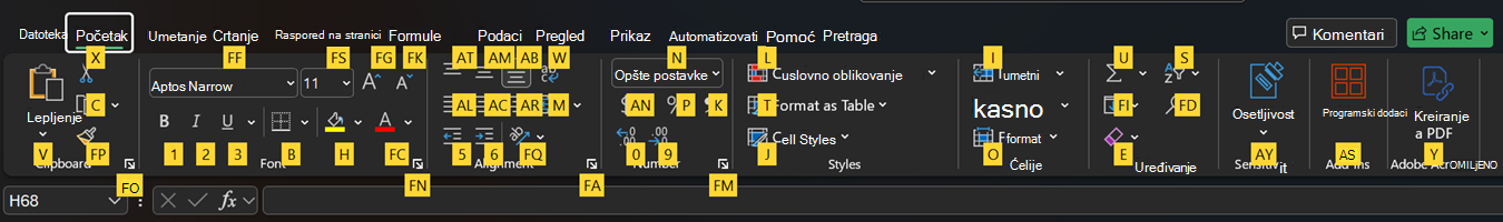 Saveti za tastere za Excel traku.