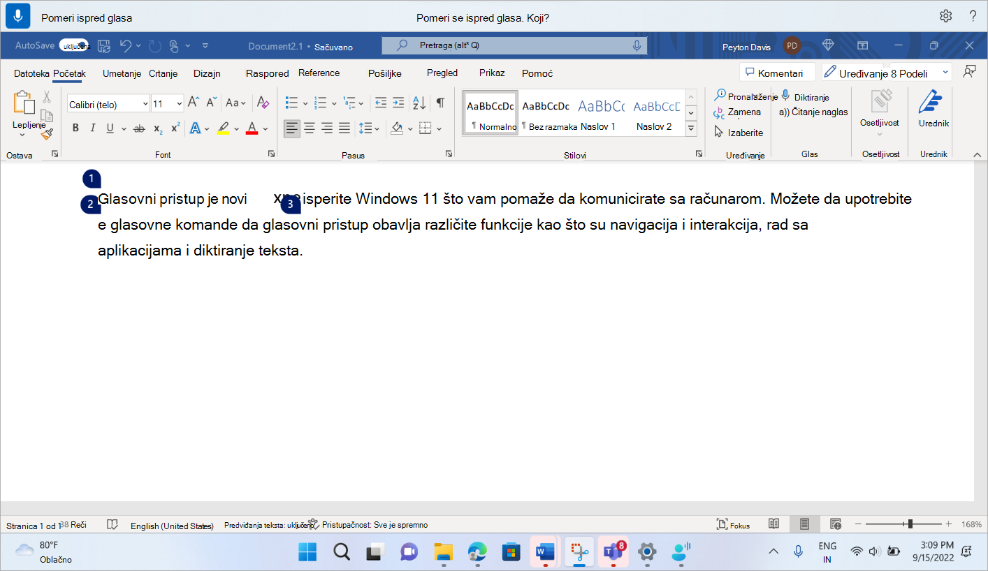 Word dokument koji prikazuje komandu za glasovni pristup za postavljanje fokusa ispred reči glas.