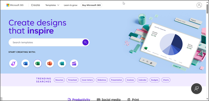 Microsoft Create matična stranica prikazuje opcije za pregledanje i kreiranje predložaka.