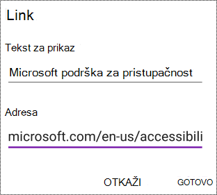 Dijalog „Dodavanje hiperveze“ u programu OneNote za Android