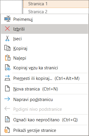 Brisanje stranice u dijalogu programa OneNote za Windows