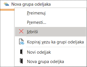 Brisanje grupe odeljaka u dijalogu programa OneNote za Windows