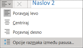 Snimak ekrana opcije „Prored između pasusa “ u meniju „Početak“.