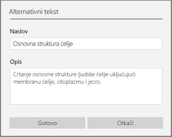 Dijalog „alternativni tekst“ za dodavanje alternativnog teksta u programu OneNote za Windows 10.