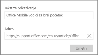 Snimak ekrana dijaloga za dodavanje veze hiperteksta u programu OneNote za Windows 10.