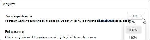 Snimak ekrana padajućeg menija za nivoe zumiranja stranice.