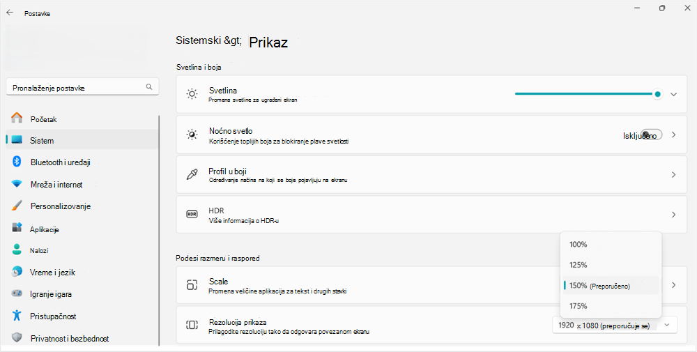 Snimak ekrana promene veličine opcije podešavanja razmere u Windows 11