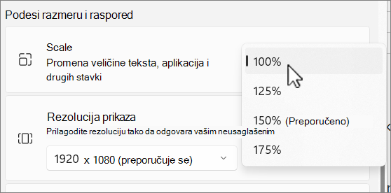 Snimak ekrana opcija razmere i rasporeda.