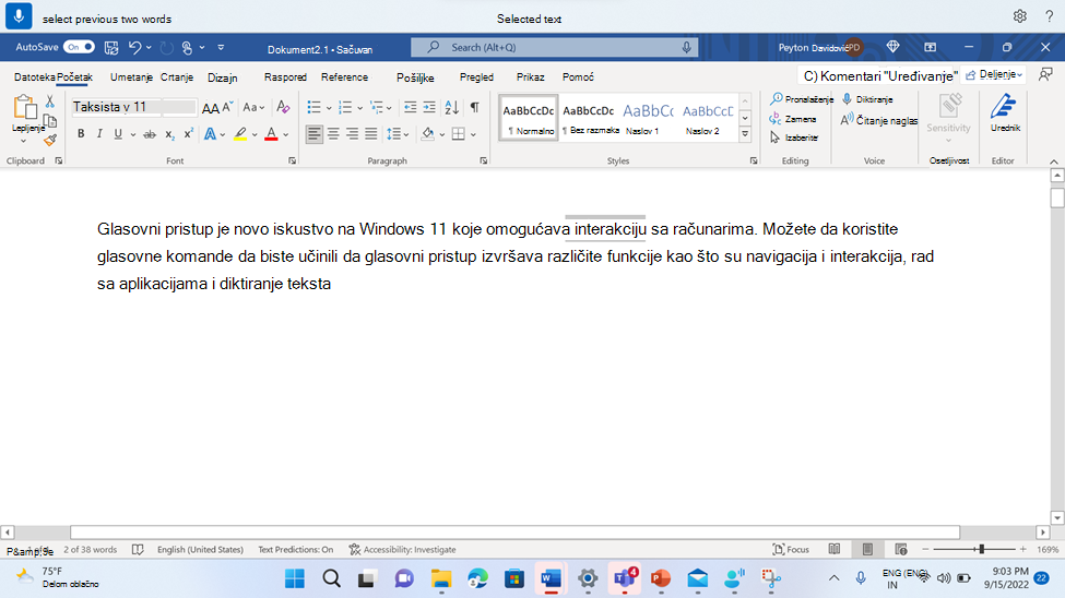 Word dokument koji prikazuje komandu za glasovni pristup za izbor dve prethodne reči.