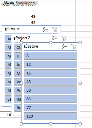 Modul za sečenje filtrira na radnom listu u programu Excel.