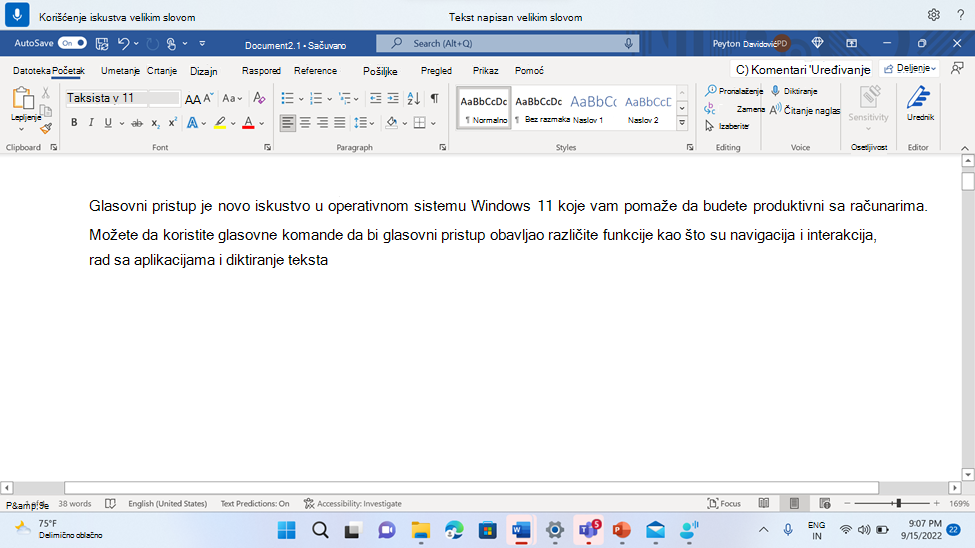 Word dokument koji prikazuje komandu za glasovni pristup 