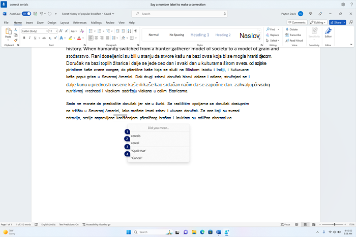 Word dokument koji prikazuje prozor sa ispravkama sa kandidatima za tekst žitarice.