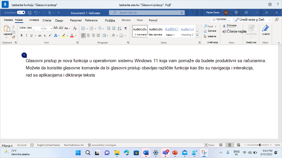 Word dokument koji prikazuje glasovni pristup koji traži od korisnika da izabere jedno pojavljivanje od više.
