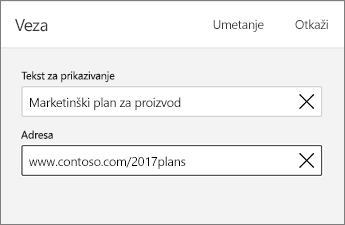 Komanda „Veza“, koja prikazuje tekst za prikaz i adresu