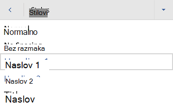 Word za Android heading styles menu