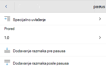 Word za Android meni za oblikovanje pasusa