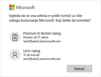 Ekran za prijavljivanje sa dve e-pošte