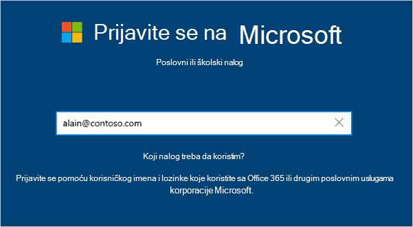 Ekran za prijavljivanje pomoću adrese e-pošte
