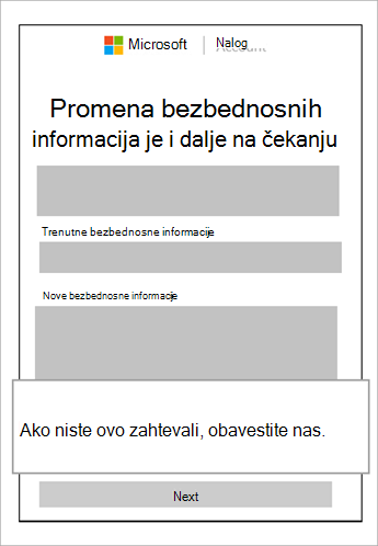 Snimak ekrana bezbednosnih informacija na čekanju i oblačić koji prikazuje otkazivanje ovog zahteva
